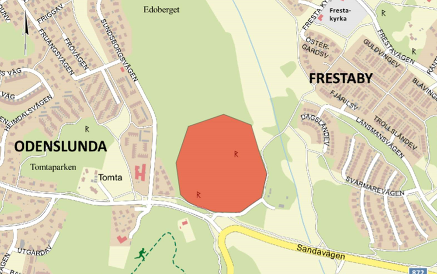 Kartbild över området mellan Odenslunda och Fresta där skötselinsatser kommer att ske under mars månad.