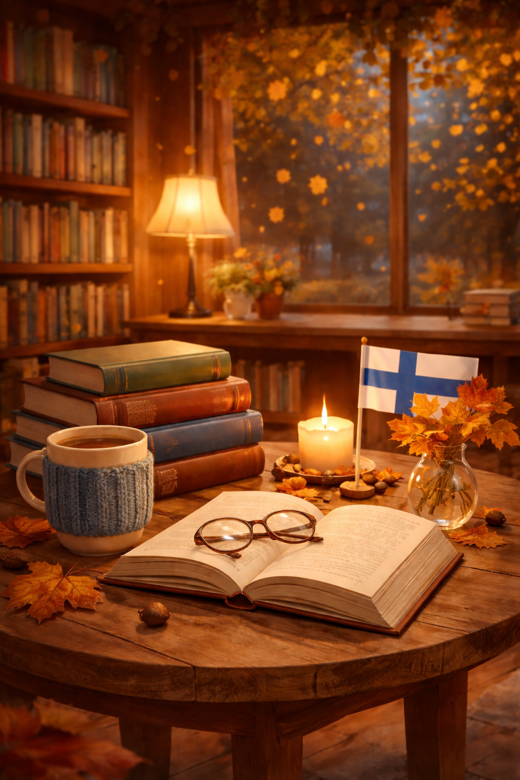 Animerad bild med bland annat ett par glasögon, en kaffekopp och en liten finsk flagga.