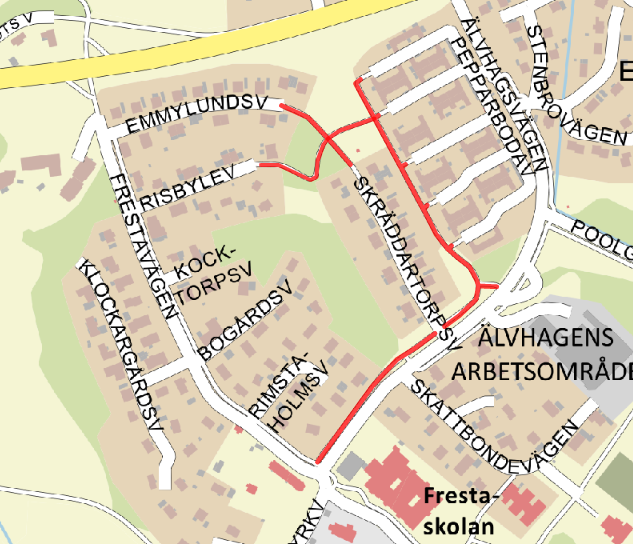 Kartbild över gång och cykelvägarna i Fresta som får ny asfalt.