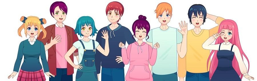 Illustration av en grupp flickor och pojkar i japansk seriestil (manga).
