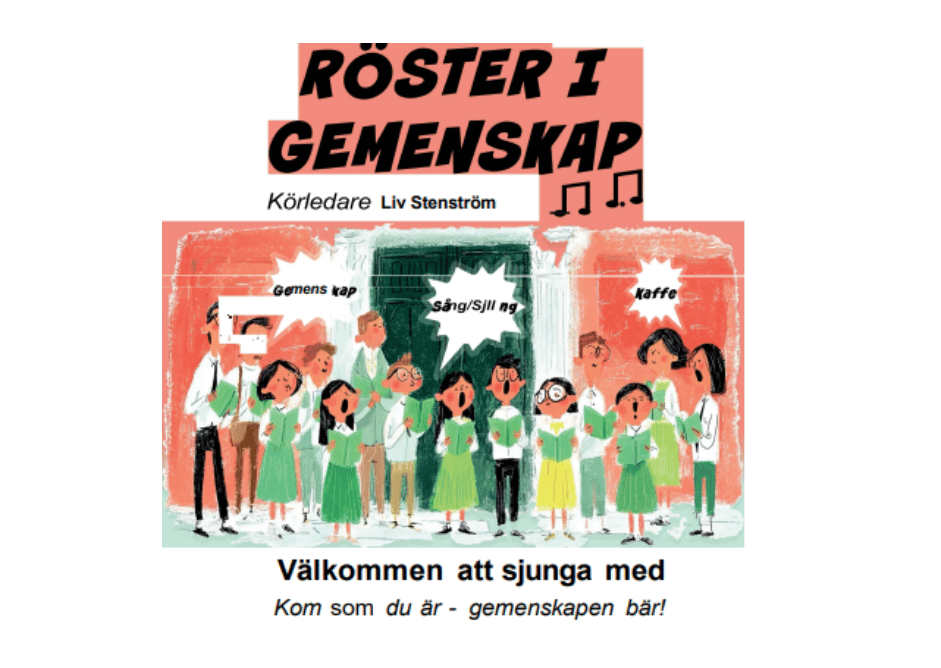 Tecknade personer som sjunger. De är klädda i gröna kläder.