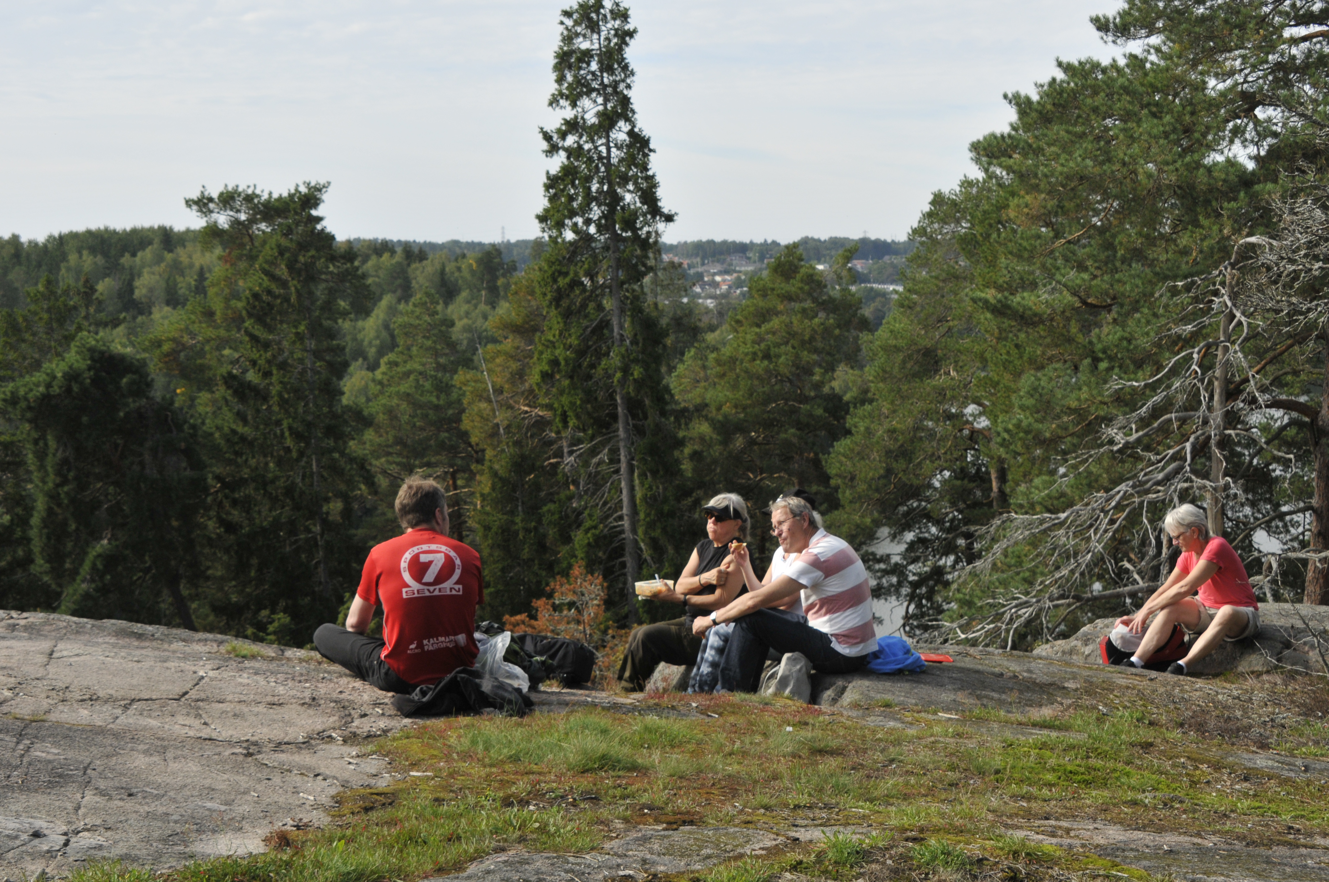 Fyra personer sitter på en höjd med skogsutsikt.