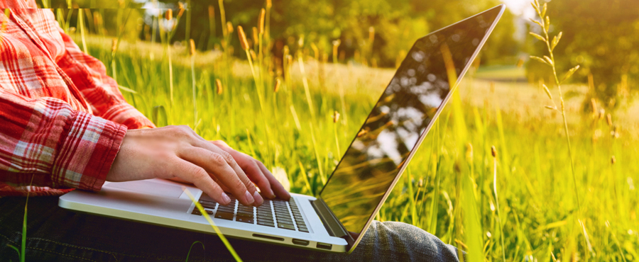 Ung man sitter i gräset med en laptop i knät.