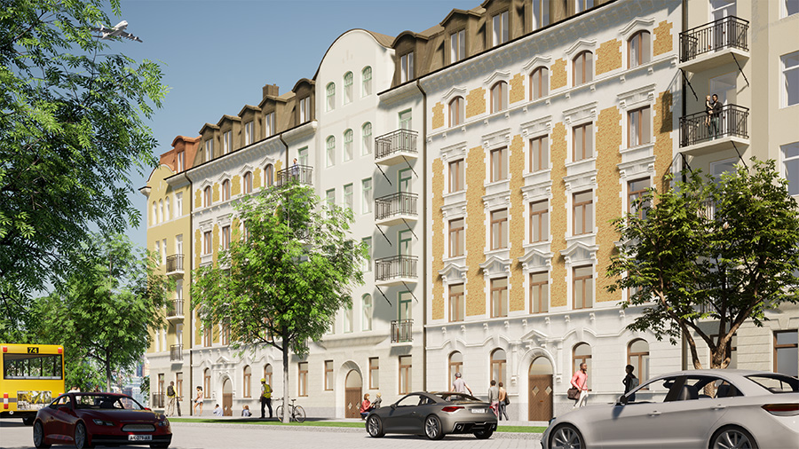 En illustrationsbild av ett av de klassiska kvarteren. Kvarteret liknar byggnader från sekelskiftet 1800-1900.