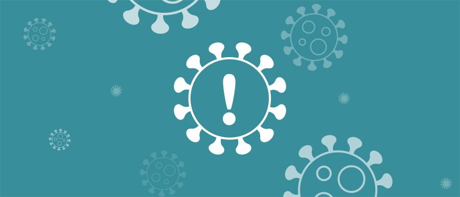 Symboler för coronavirus och utropstecken mot blå bakgrund.