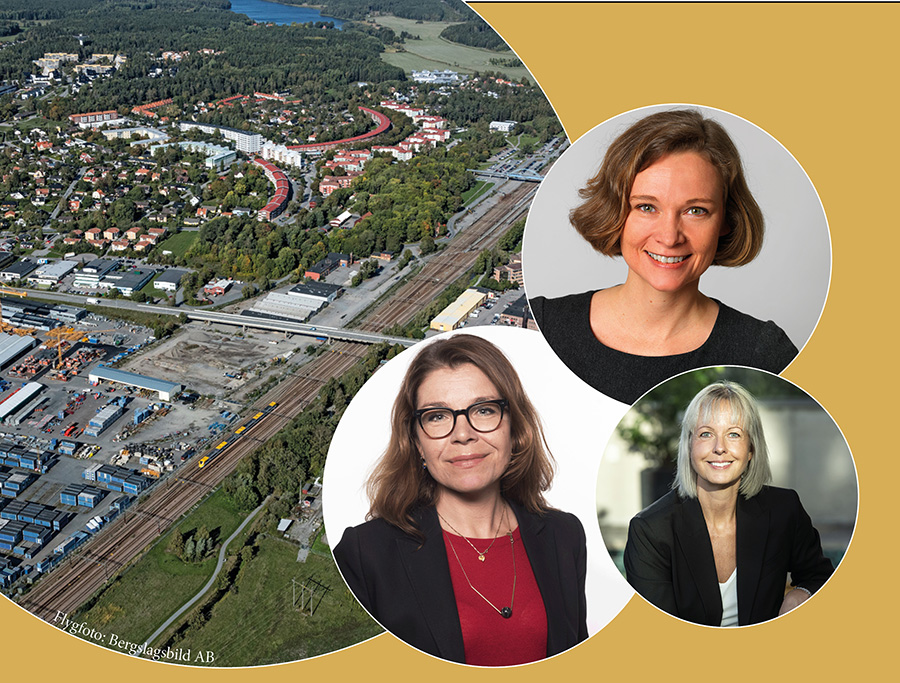 En kollagebild med en flygbild över området Väsby Entré i Upplands Väsby. Tre bilder på tre olika kvinnliga föreläsare som kommer delta på Stadsbyggnadsdagen. 