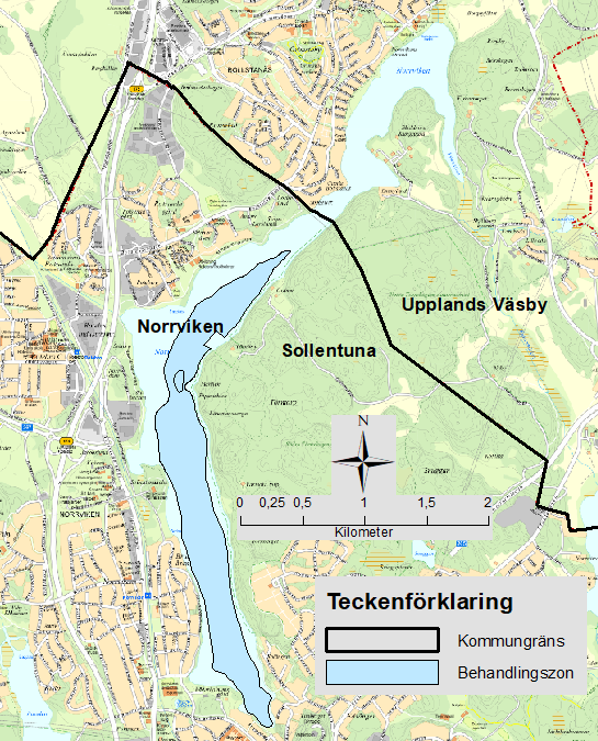 En bild över behandlingsområdet i sjön. Behandlingsområdet är 136 ha och beläget i den djupare delen av sjön, vilken ligger i Sollentuna kommun.