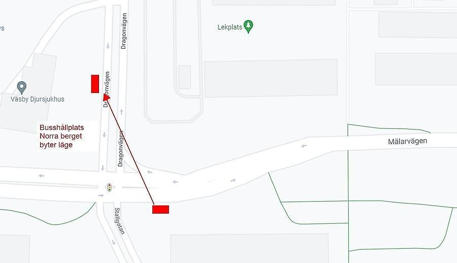 Karta som visar ny placering av busshållplatsen vid Norra berget, riktning mot Rotebro.