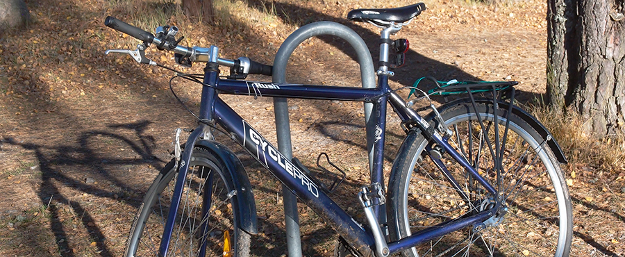 En cykel står lutad mot ett cykelställ och i bakgrunden syns en skog.