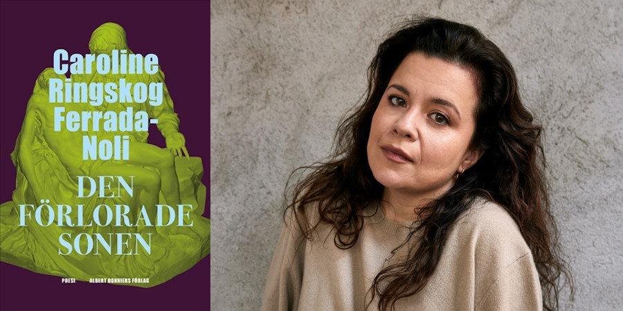 Porträttbild på Caroline Ringskog Ferrada-Noli, bokomslaget till hennes bok är bredvid porträttet till vänster.