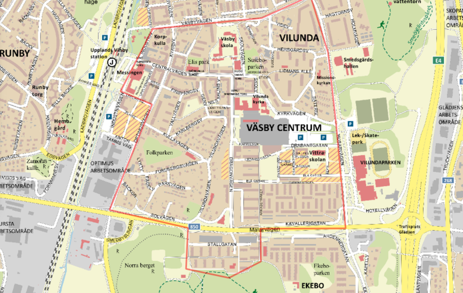 bild på karta med markeringar över centrala Upplands Väsby 