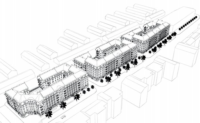 Svartvit illustration av tre kvarter med hus.