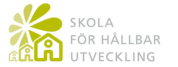 Logotyp för "skola för hållbar utveckling", tre gröna hus med en sol över.