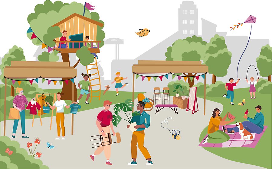 Illustration av Återbruksfestivalen med Väsby skyline i bakgrunden. Illustrationen ska föreställa festivalområdet med olika aktiviteter med fokus på återbruk.