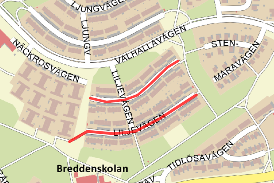 Kartbild över gång- och cykelvägen vid Vassundagränd som får ny asfalt