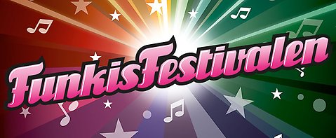 Färgglad bakgrund med stjärnor. Ovanpå syns texten Funkisfestivalen. 