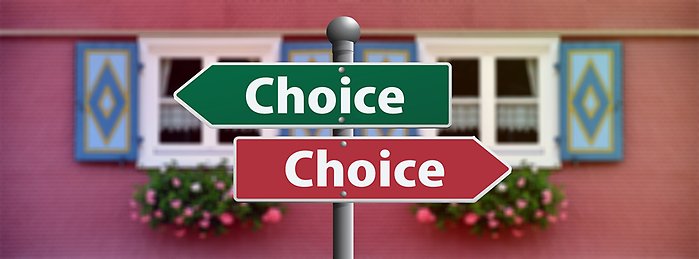 Två skyltar som pekar åt olika håll och ordet "Choice"
