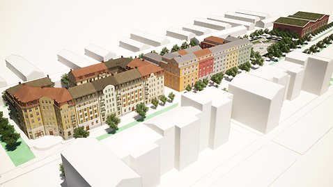 Översiktsbild över de två kvarteren längs Mälarvägens norra sida (centrumsidan). Längst österut längs Mälarvägen syns parkeringshuset. Intill skymtar skyfallsparken. Illustration: Nils Freckeus Arkitekter