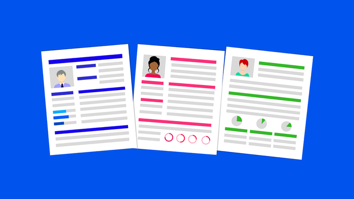 Illustration av CV-papper mot blå bakgrund