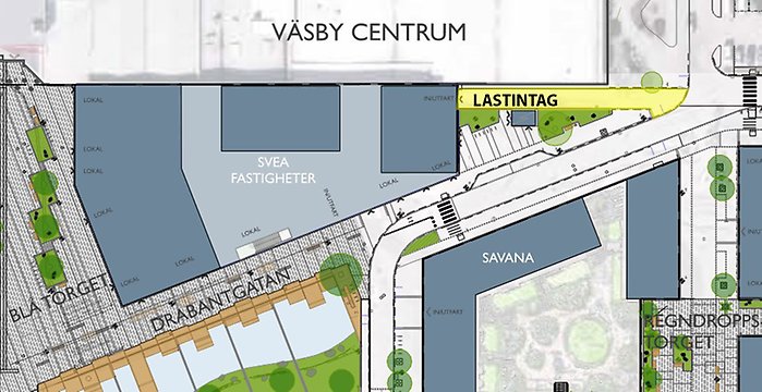 Karta med lastintaget mellan baksidan av Väsby centrum och Drabanttorget