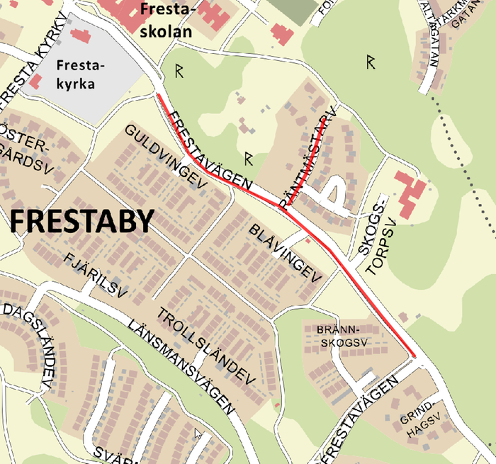 Kartbild över Frestavägen och Räntmästarvägen