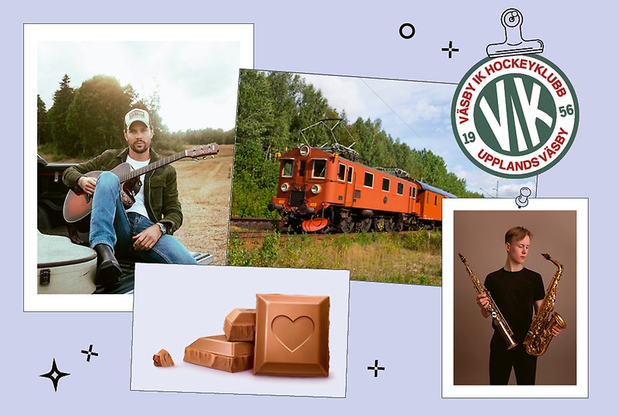 Ett kollage i form av en anslagstavla med bilder av Robin Bengtsson, en saxofonist med två saxofoner, ett tåg, Väsby Hockeys föreningsmärke och en chokladbit. Bakgrunden är ljuslila.