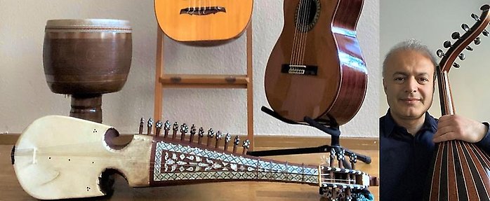 En man och flera instrument, som t ex darboka och oud.