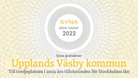 En utmärkelse med texten Bäst tillväxt 2022 som en tredje plats för Upplands Väsby kommun