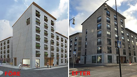 Två bilder som visar flerbostadshuset, före och efter justeringarna. Huset skulle till en början ha en fasad bestående av ljus betong med en slätare struktur i entréplanet. I stället omarbetades fasaden som nu fått en yta beklädd med ljust tegel.