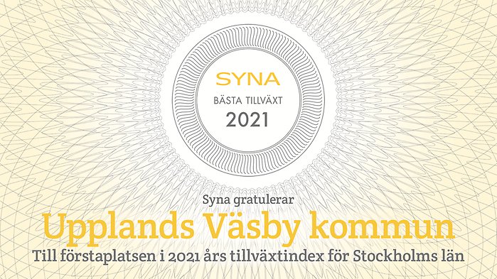 Kreditupplysningsföretaget Synas logotype med texten om att Upplands Väsby vinner utmärkelsen Bästa tillväxt. 