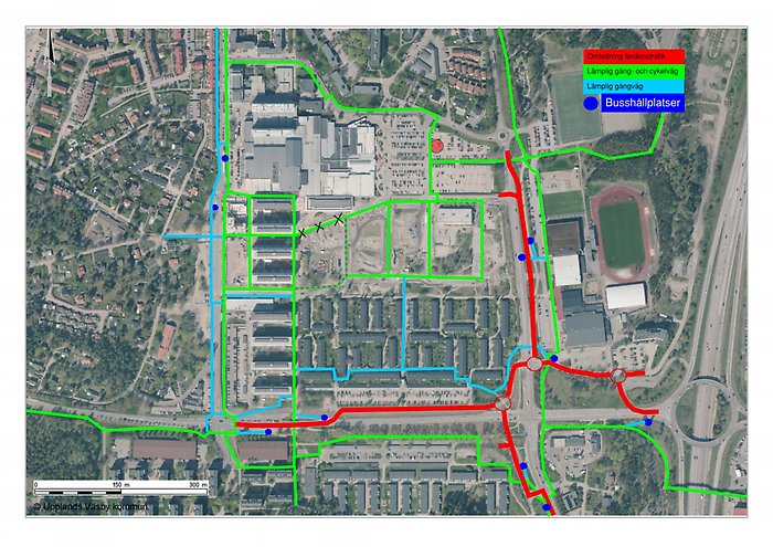 Översikt just nu och den närmsta framtiden av gång- och cykelvägar, busshållplatser och omledning av fordonstrafik inom projektet Fyrklövern