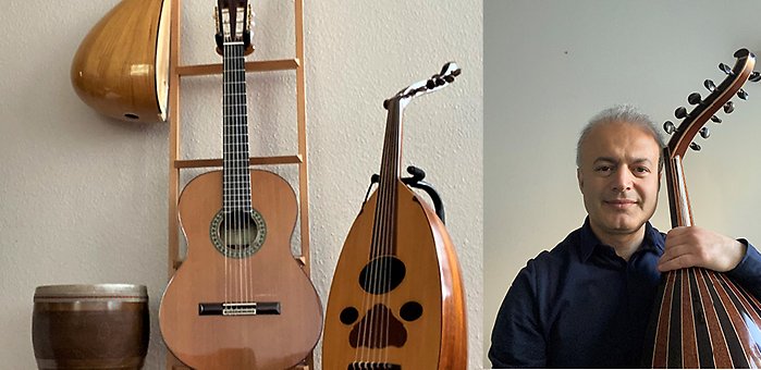 Bild på en man,  Mohammad Khaladyan, och några instrument som t ex en oud, en gitarr och en darboka.