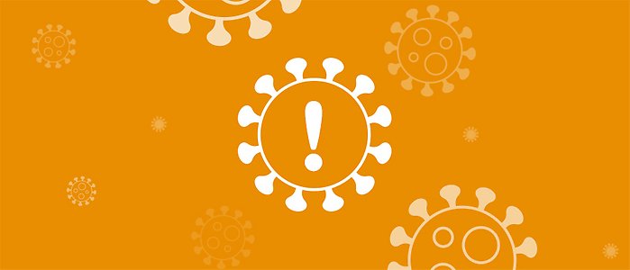 Uppförstorat coronavirus på en orange bakgrund med ett utropstecken i mitten.