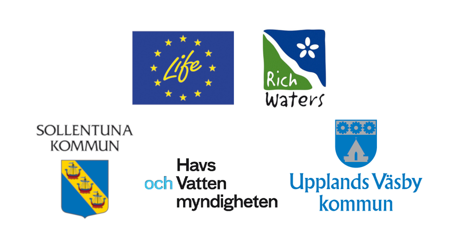 Projektets samarbetspartners logotyper: LIFE IP, Rich Waters, Havs- och Vattenmyndigheten, Sollentuna kommun och Upplands Väsby kommun.