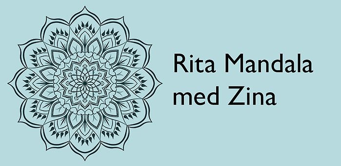 Blå bild med en tecknad Mandala och texten: Rita mandala med Zina